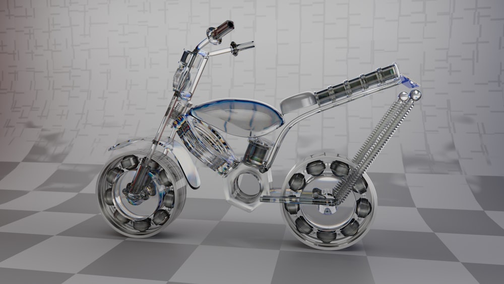 a futuristic looking bike on a checkered floor