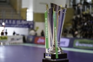 a trophy sitting on top of a wooden table