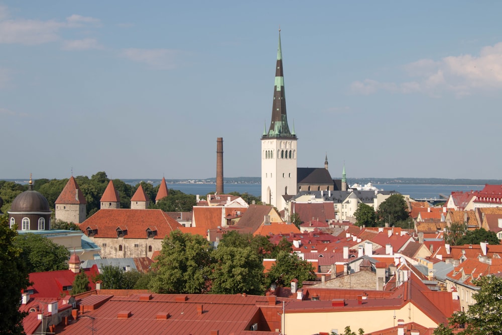 a view of a city with a church tower