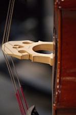 A close-up of a string instrument, likely a violin or cello, focusing on the bridge and strings. The wooden bridge is finely crafted, displaying its intricate cutouts and grain. The background is softly blurred, highlighting the instrument's polished surface.