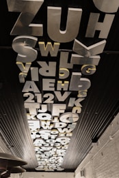 A ceiling is decorated with large, metallic letters and numbers arranged in various sizes and orientations. The letters are three-dimensional and have a reflective surface, making them stand out against the dark, wooden panels. A few letters are colored in gold, adding a subtle contrast.