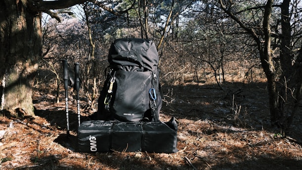 a black backpack sitting on top of a black bag