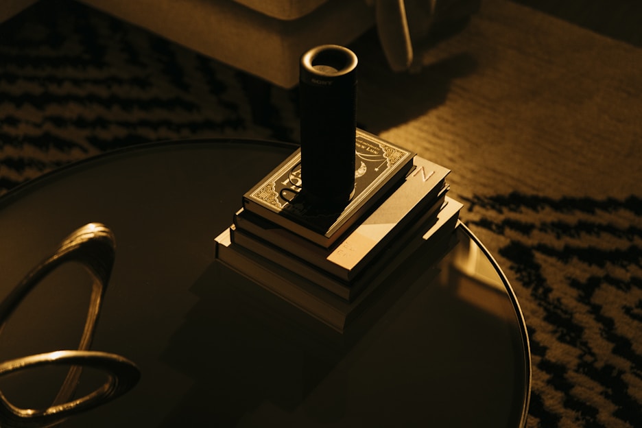 A cozy living room setup featuring a popular smart speaker and stylish home decor items.