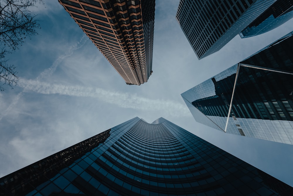 looking up at tall buildings in a city