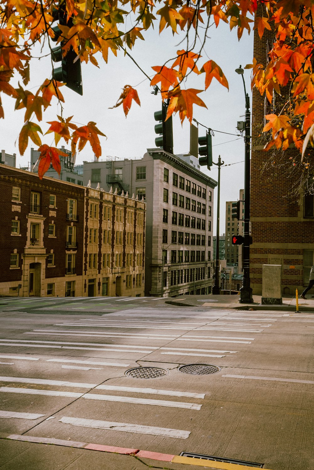 a city street with a traffic light and buildings in the background