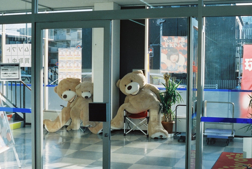 two teddy bears sitting in chairs in a lobby