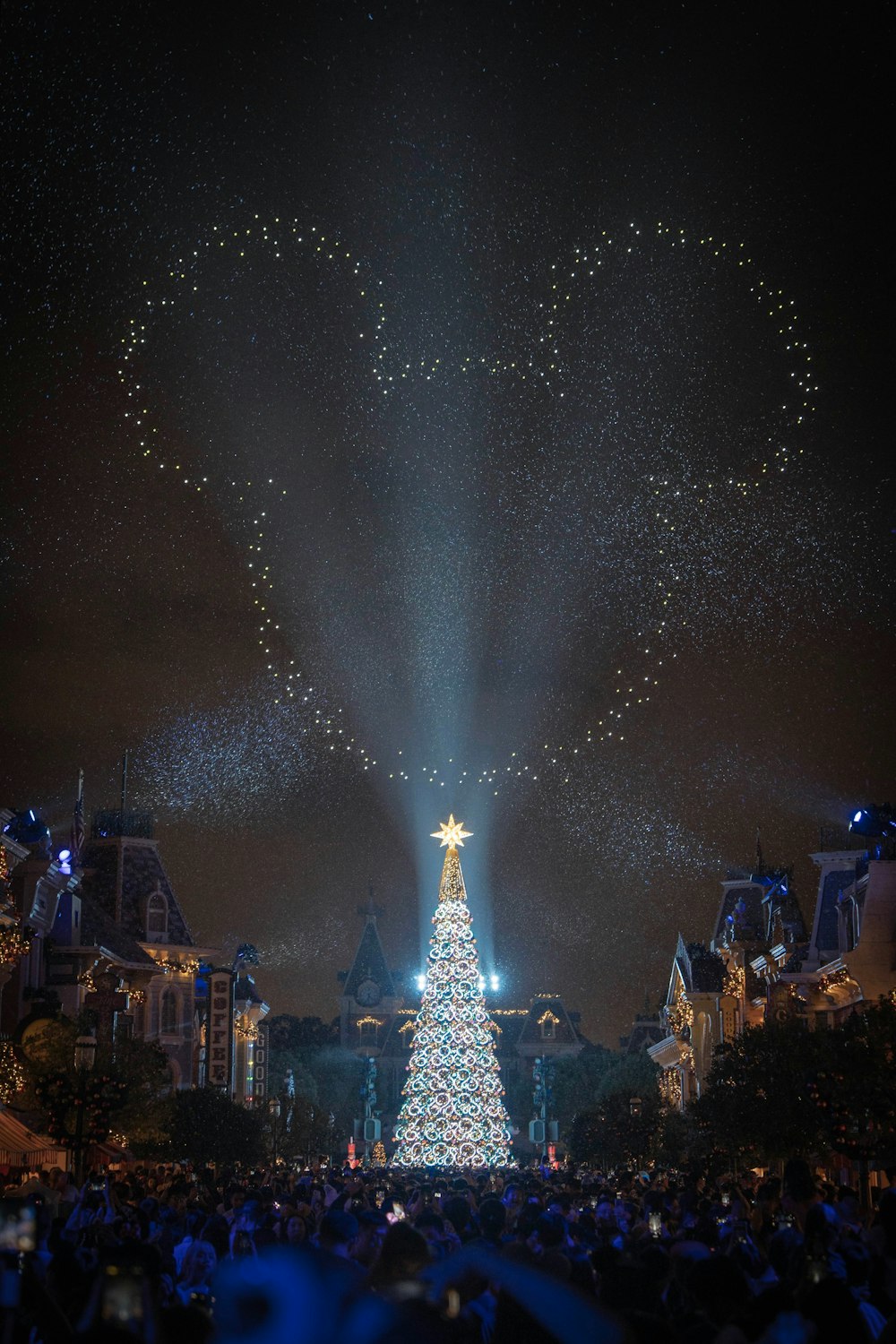 Uma grande árvore de Natal é iluminada na frente de uma multidão