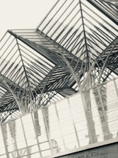 A modern architectural structure with a series of intersecting metal beams forming geometric patterns. The building features a high, open ceiling with glass panels, creating a light and airy atmosphere.