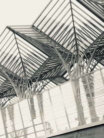 A modern architectural structure with a series of intersecting metal beams forming geometric patterns. The building features a high, open ceiling with glass panels, creating a light and airy atmosphere.