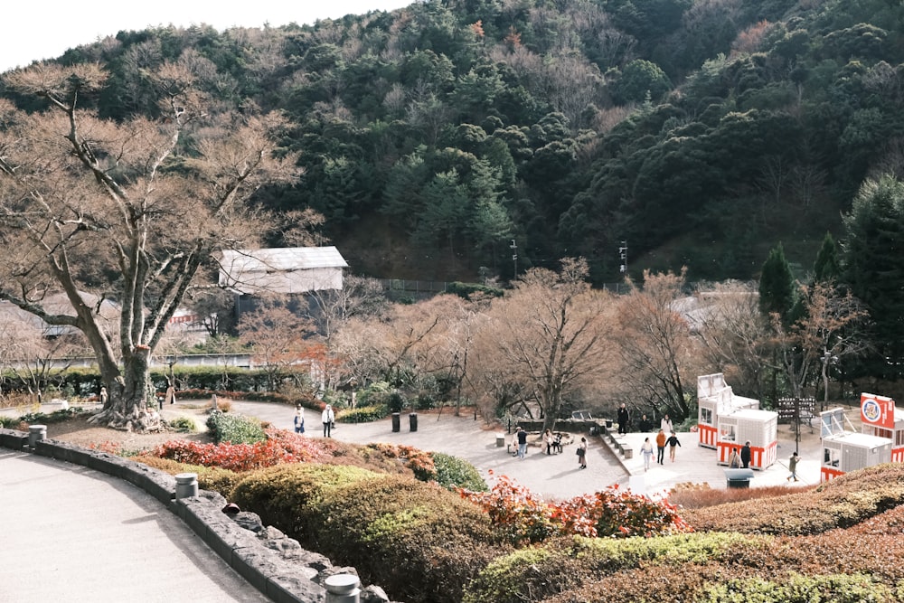 a group of people walking around a park