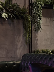 Lush hanging artificial ferns cascading gracefully from a modern black metal plant stand in a cozy living room corner.