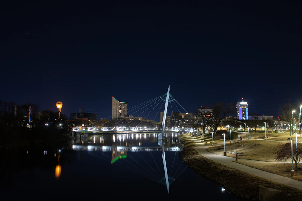 City skyline at night above a river