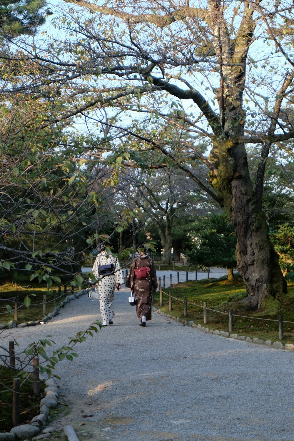 a couple of people walking down a path