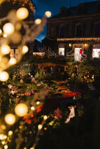 A nighttime scene featuring a charming outdoor Christmas display. The foreground is adorned with glowing string lights and decorated foliage. In the background, a traditional nativity scene is set up, surrounded by lush greenery and flowers. The area is illuminated with warm lights from nearby buildings, creating a cozy and festive atmosphere.