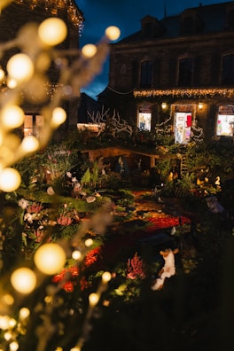 A charming outdoor Christmas display with lights and decorations.