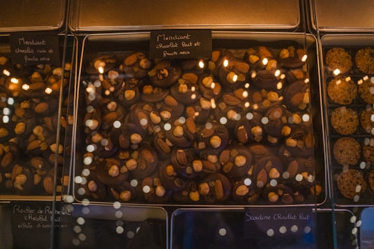 A glass display case presents an assortment of chocolate confections. The chocolates are topped with various nuts, including almonds and hazelnuts. Labels, written in French, are placed above each section, indicating the type of chocolate and toppings. The warm lighting reflects off the glass, adding a cozy and inviting atmosphere.