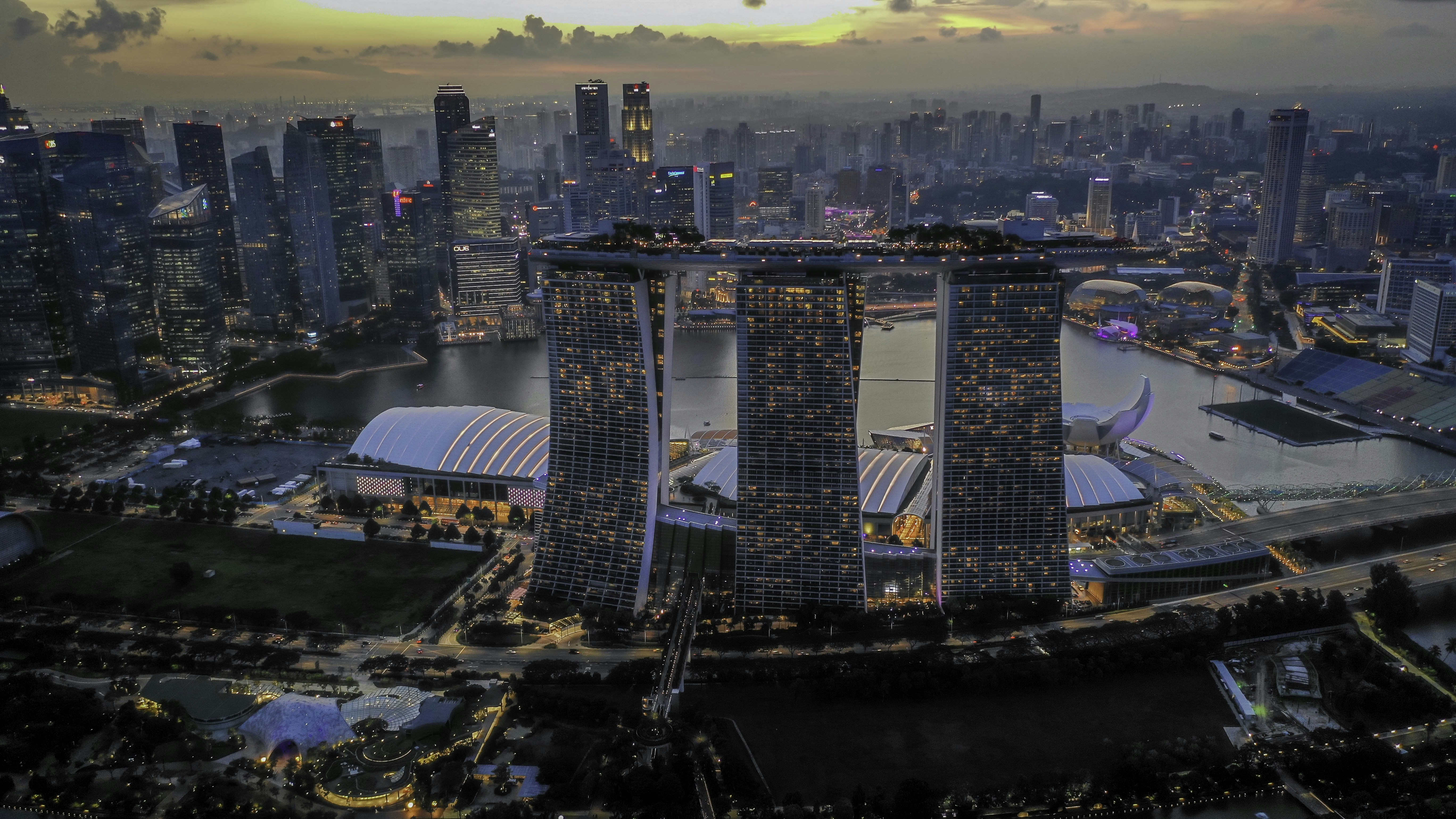 an aerial view of a city at night