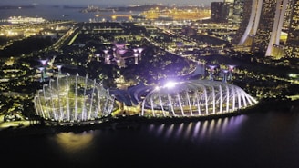 Evening shot of a technology park illuminated with warm lights and landscaped walkways.