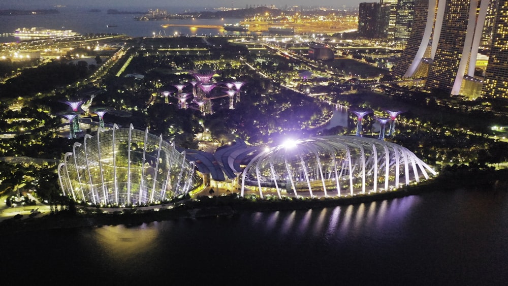 an aerial view of a city at night