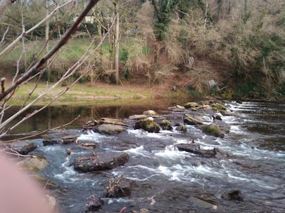 Calm river flowing smoothly past moss-covered rocks under a serene sky.