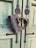 A large, intricately designed padlock with a dragon motif is fastened to a wooden door with a faded green paint finish. The door features black ornamental metalwork with a floral pattern around the lock area.