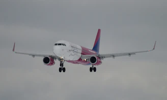 a large jetliner flying through a cloudy sky