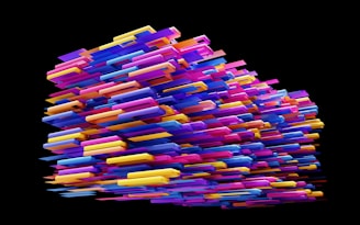 An abstract composition of multicolored rectangular prisms arranged in a dynamic and chaotic form against a black background. The shapes appear to be floating and overlapping, creating a sense of movement and depth.