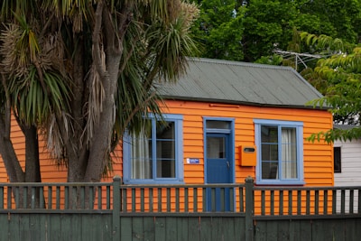 An orange wooden house with blue-framed windows and door is surrounded by lush green foliage. A tall palm tree stands prominently in front of the house, and a dark green wooden fence is visible in the foreground. The roof is corrugated and gray, complementing the vibrant hues of the house and landscape.