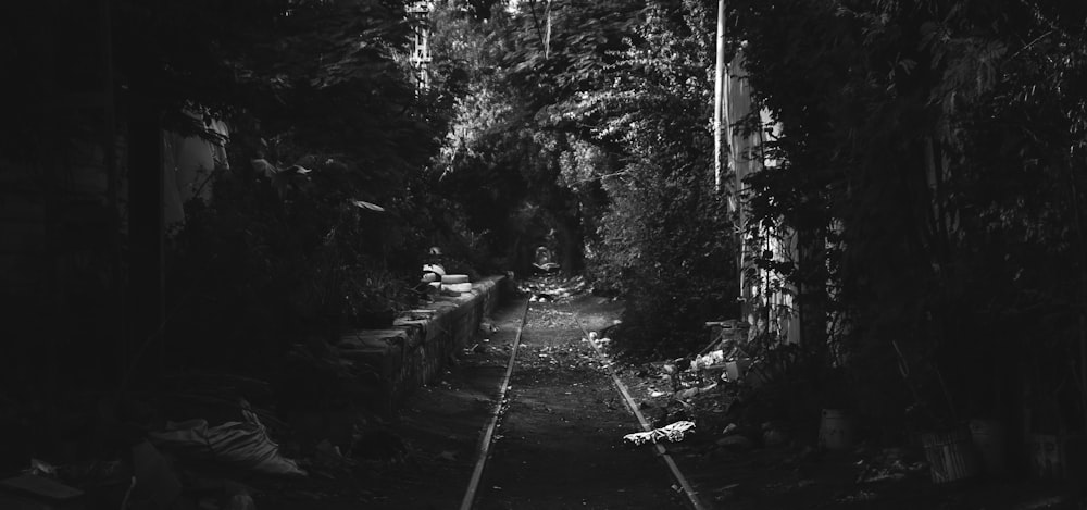 a black and white photo of a train track