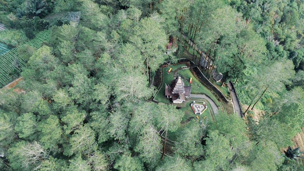 an aerial view of a house in the middle of a forest