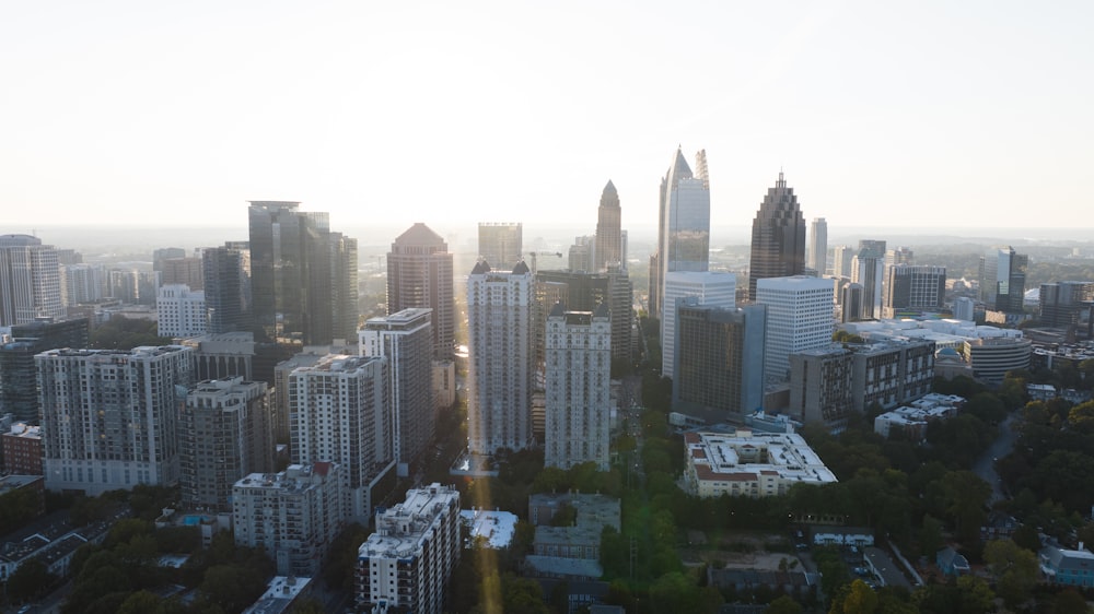 an aerial view of a city with tall buildings