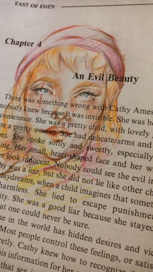 A page from a book titled 'East of Eden' showing Chapter 4, with the title 'An Evil Beauty.' There is an illustration of a woman's face with blonde hair and blue eyes, wearing a pink headband, integrated into the page.