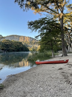 A peaceful lakeside view with a canoe gently floating on the water.