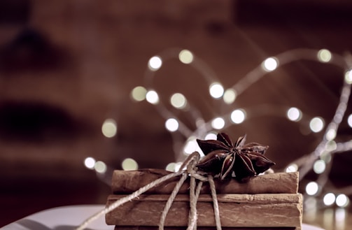 Cinnamon sticks tied with twine are adorned with star anise, set against a blurred background featuring soft, glowing lights.