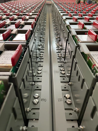 Close-up of industrial automation equipment with control panels and wiring.