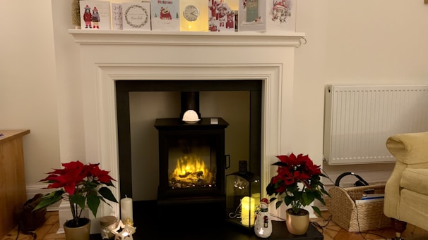 A cozy living room featuring an elegant electric fireplace as the centerpiece.