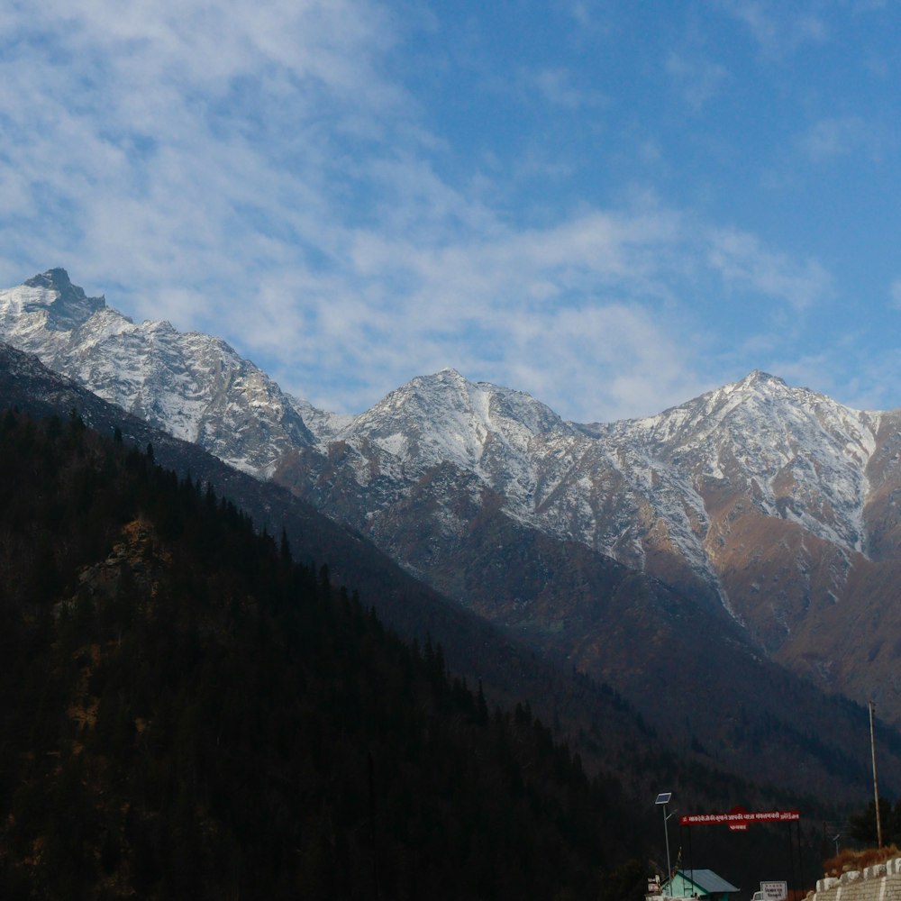 a view of a mountain range with snow on it