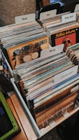 A collection of vinyl records organized in several rows, divided by labeled tabs indicating different music genres such as Rock, Jazz, and Funk, Soul. Visible album covers include artists like Ian Hunter and Stevie Wonder. The records are neatly arranged in a box with a wooden surface and some patterns partially visible on the left side.