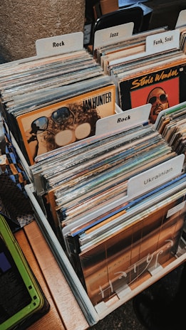 A collection of vinyl records organized in several rows, divided by labeled tabs indicating different music genres such as Rock, Jazz, and Funk, Soul. Visible album covers include artists like Ian Hunter and Stevie Wonder. The records are neatly arranged in a box with a wooden surface and some patterns partially visible on the left side.