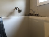 A bathroom corner displaying a shower head attached to the wall above a white bathtub. The upper corner of the wall appears to have mold or mildew growth, indicated by dark, discolored areas near the shower.