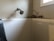 A bathroom corner displaying a shower head attached to the wall above a white bathtub. The upper corner of the wall appears to have mold or mildew growth, indicated by dark, discolored areas near the shower.