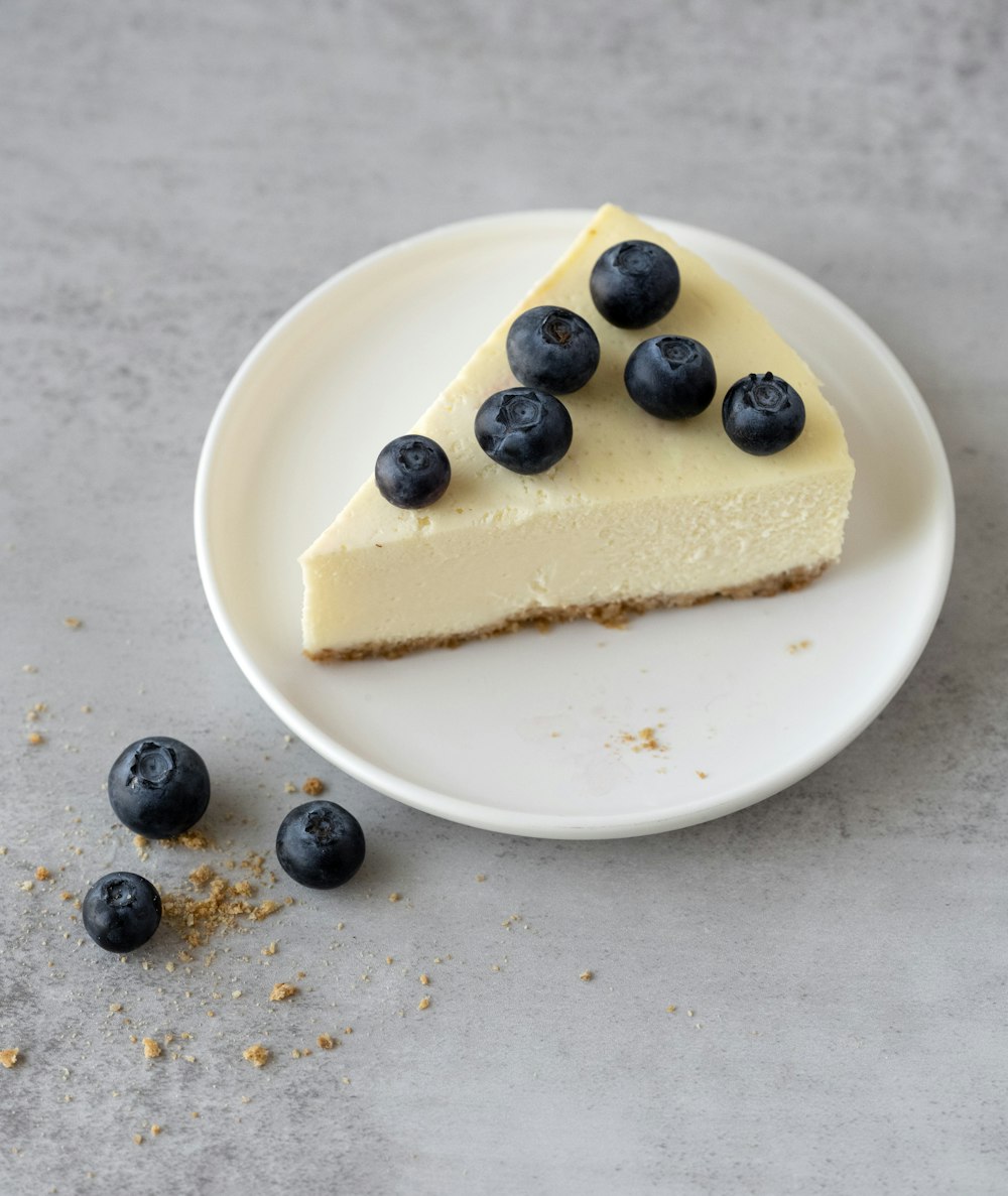a slice of cheesecake with blueberries on a plate