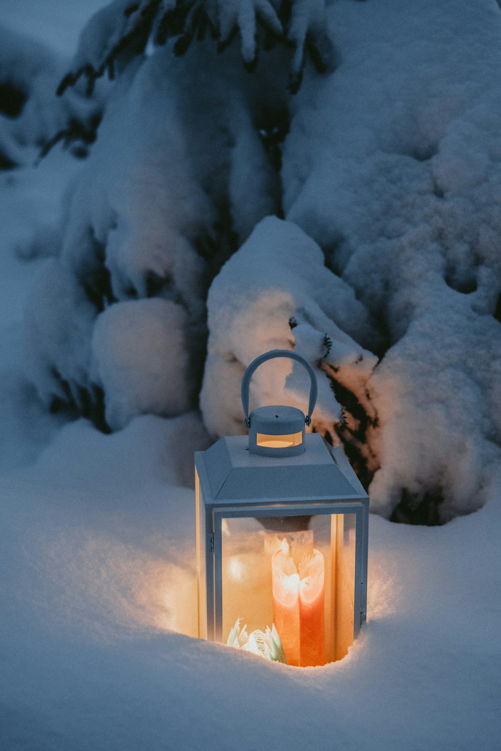 a lantern in the middle of a snowy field