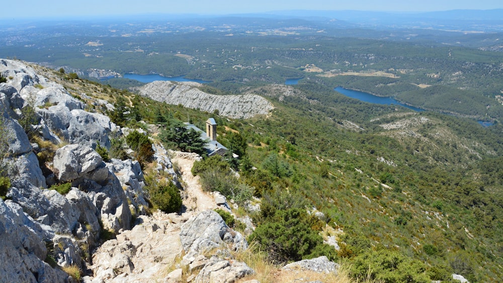 a man standing on top of a mountain next to a lush green forest