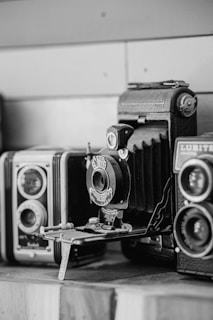A collection of vintage cameras displayed on wooden shelves, featuring intricate details and designs typical of early photography equipment.