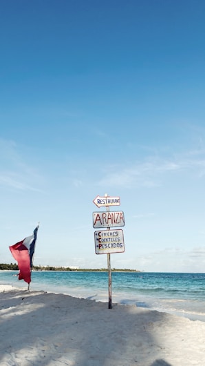 A sandy beach with a signpost featuring several signs pointing towards a restaurant named Aranza. The signs also mention 'ceviches', 'cocteles', and 'pescados', indicating food options. A flag with red, white, and blue colors is planted in the sand nearby. The ocean and clear blue sky create a serene background.