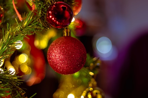 a red ornament hanging from a christmas tree