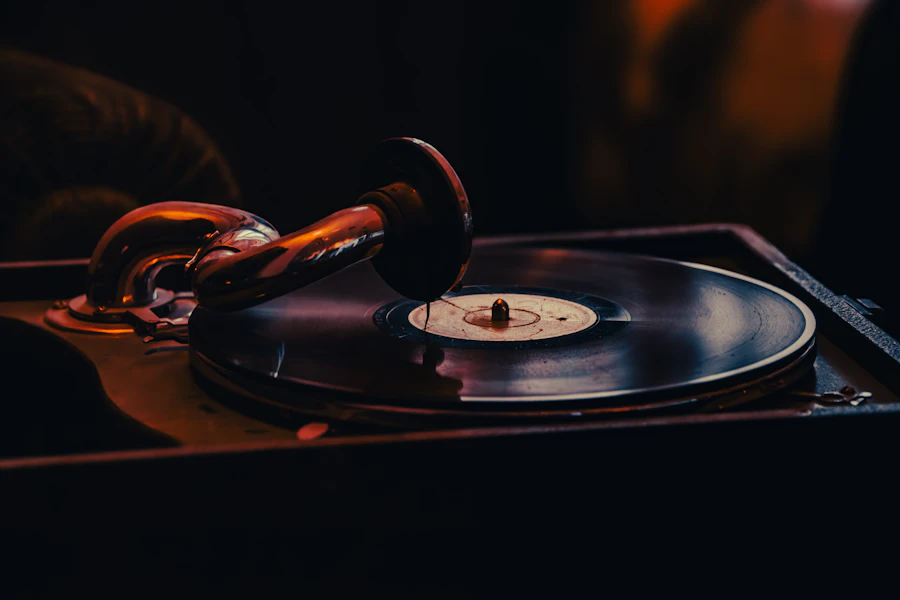 Vintage record player holding a vinyl record