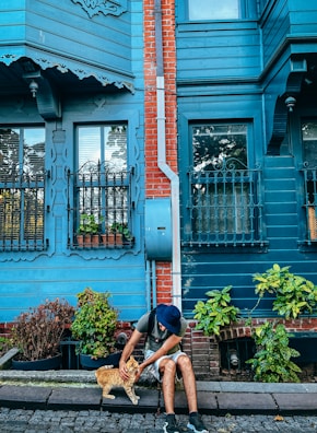 A person wearing a hat is sitting on the curb of a cobblestone street, petting a ginger cat. The background features a blue wooden house with ornate details and a red brick accent, along with pots of greenery and plants.