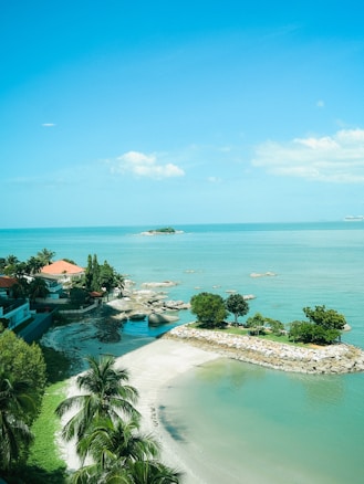 A serene coastal landscape features turquoise waters meeting a clear blue sky. A small island with lush greenery sits amidst calm seas, while palm trees and red-roofed buildings line the shore. The gentle curve of a white sandy beach frames the scene.